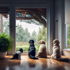 Four pets - three dogs and a cat - looking at lush garden with trees and flowers