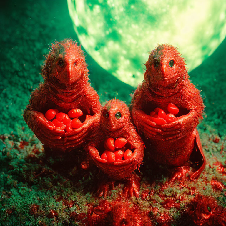 Three red furry creatures with candy hearts underwater backdrop.
