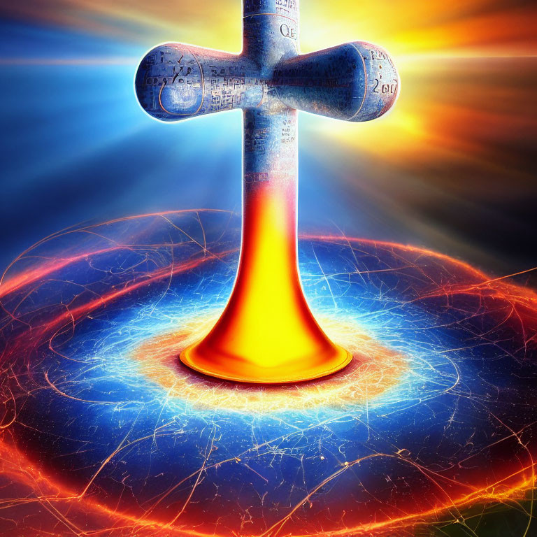 Glowing crucifix with mathematical formulas emitting energy and light