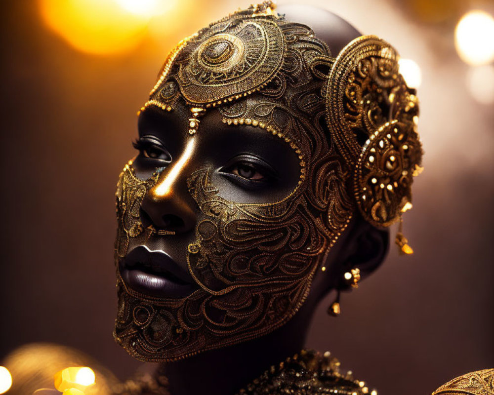 Intricate gold mask and headpiece on person in warm bokeh-lit setting