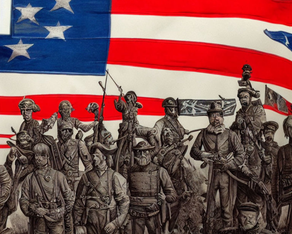 Collage of Civil War soldiers on faded American flag