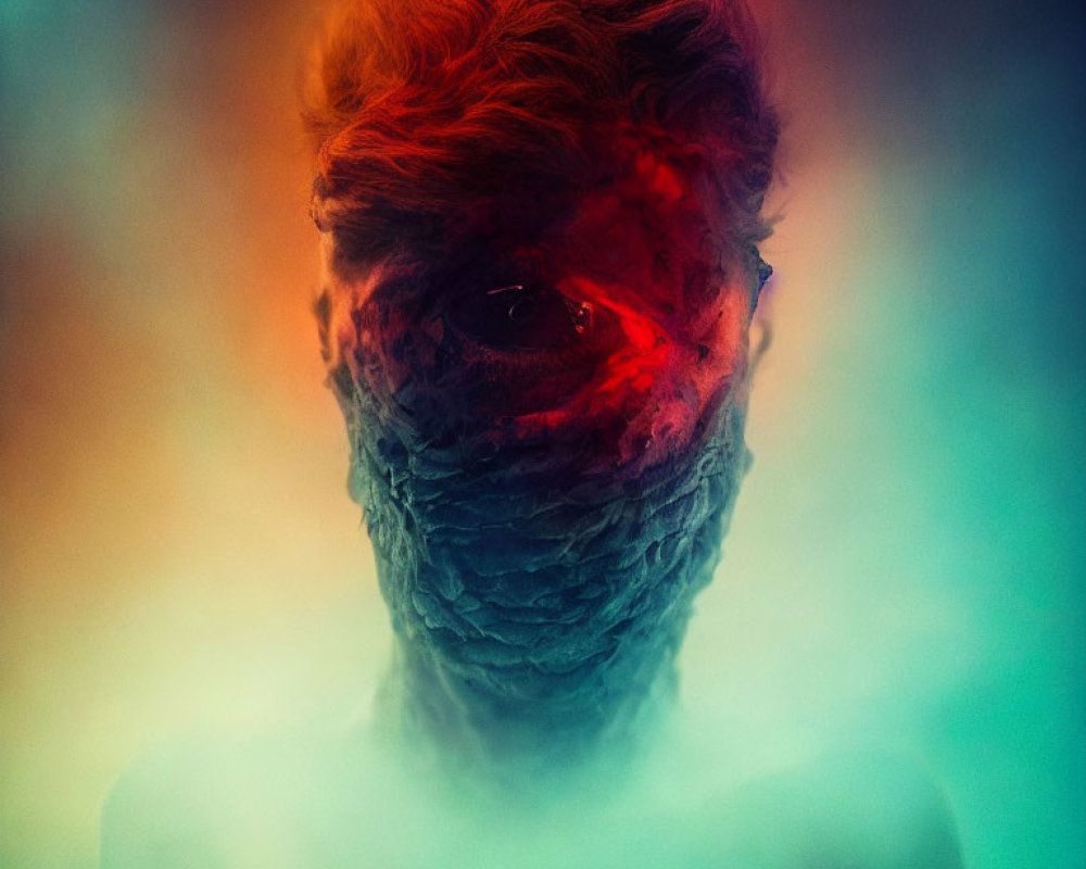 Surreal portrait with distorted face on multicolored background