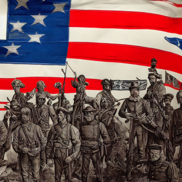 Collage of Civil War soldiers on faded American flag