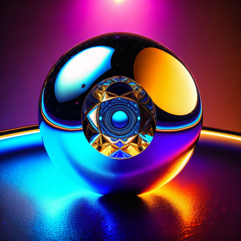 Reflective Sphere with Cosmic and Geometric Designs on Vibrant Surface