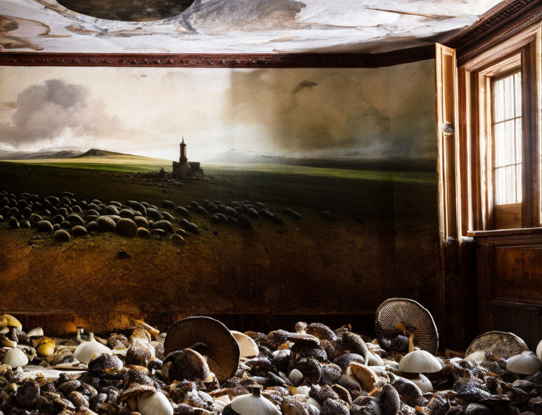Faded pastoral mural in old room with scattered seashells