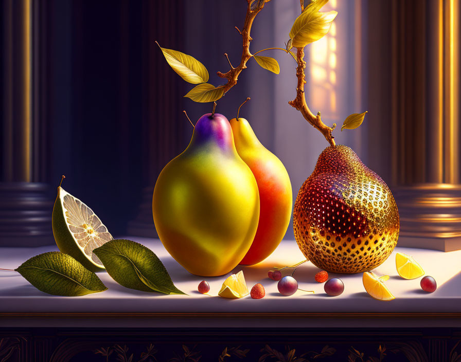 Vibrant stylized fruits on reflective surface with drapery and columns