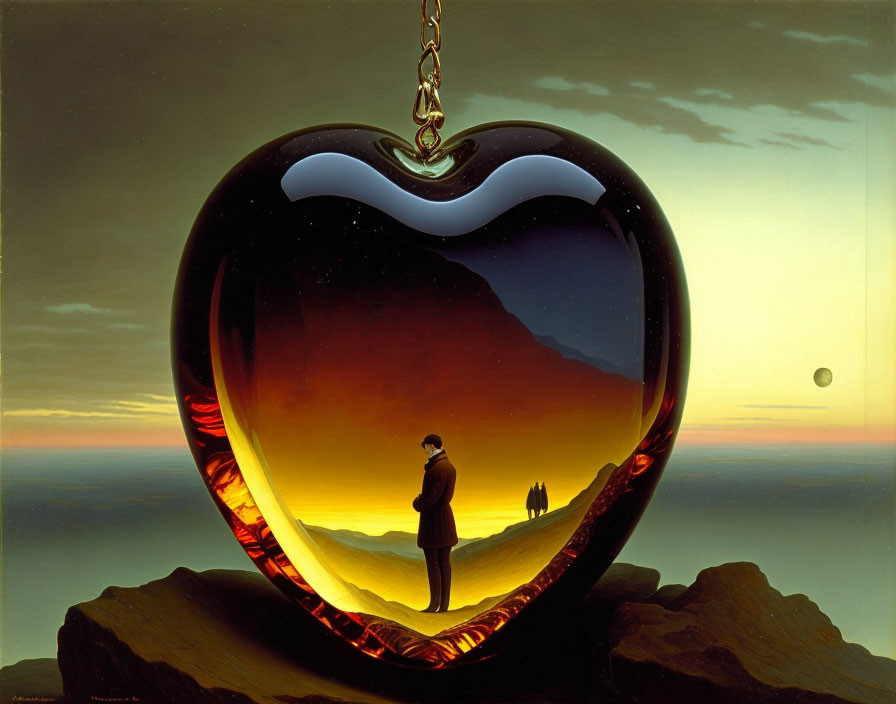 Surreal painting of man with heart pendant at sunset