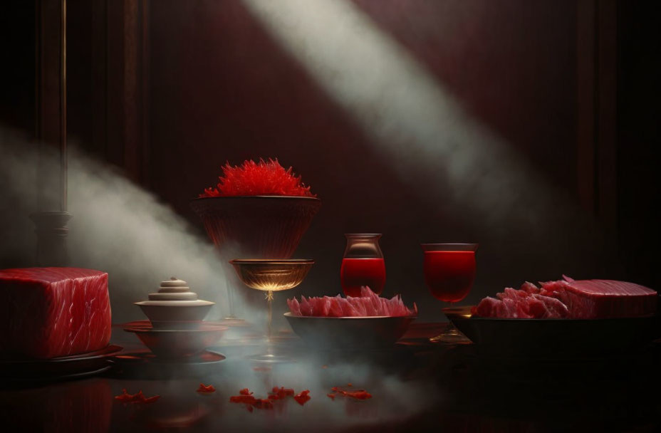 Dark and Moody Image of Crimson Foods and Beverages with Streaming Light