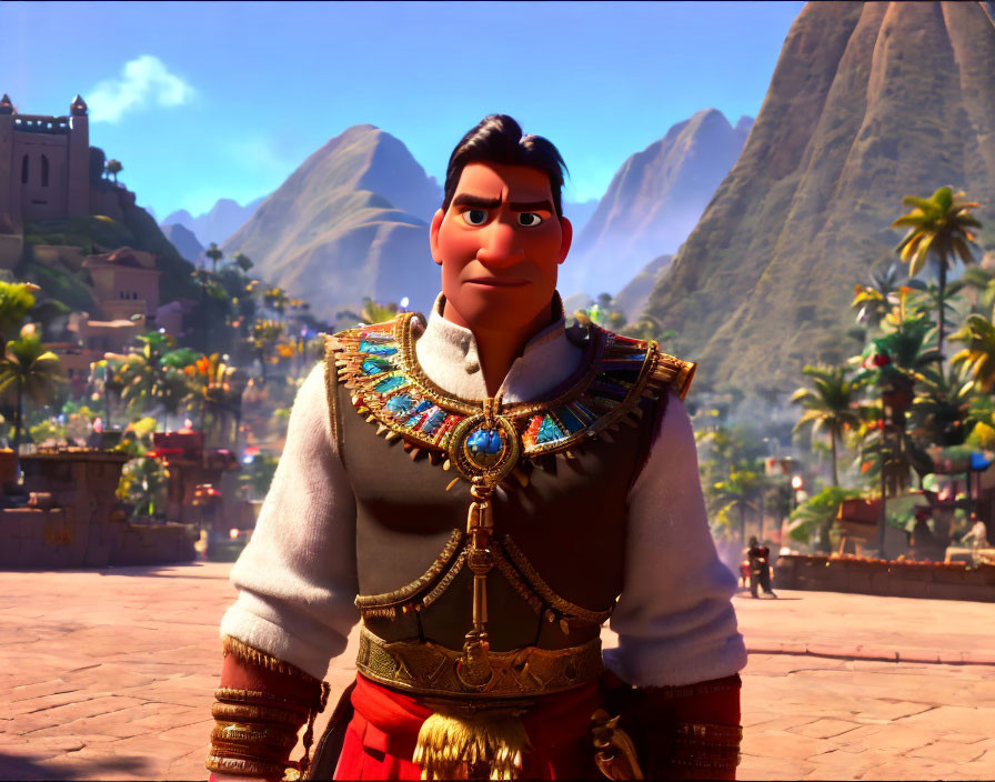 Confident animated character in decorated uniform with red sash, dark hair, village & mountains.