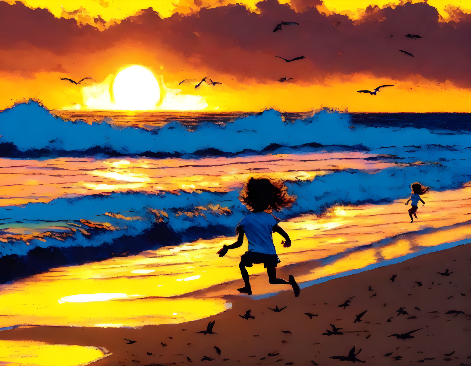 Children running on vibrant beach at sunset with bird silhouettes.