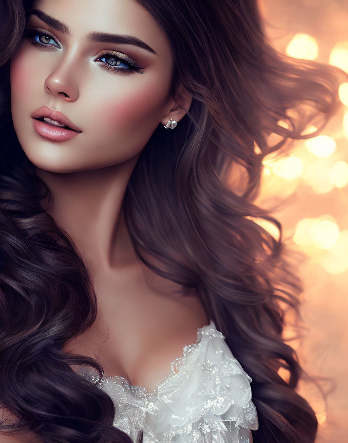 Portrait of woman with blue eyes, brown hair, lace garment, and bokeh lights