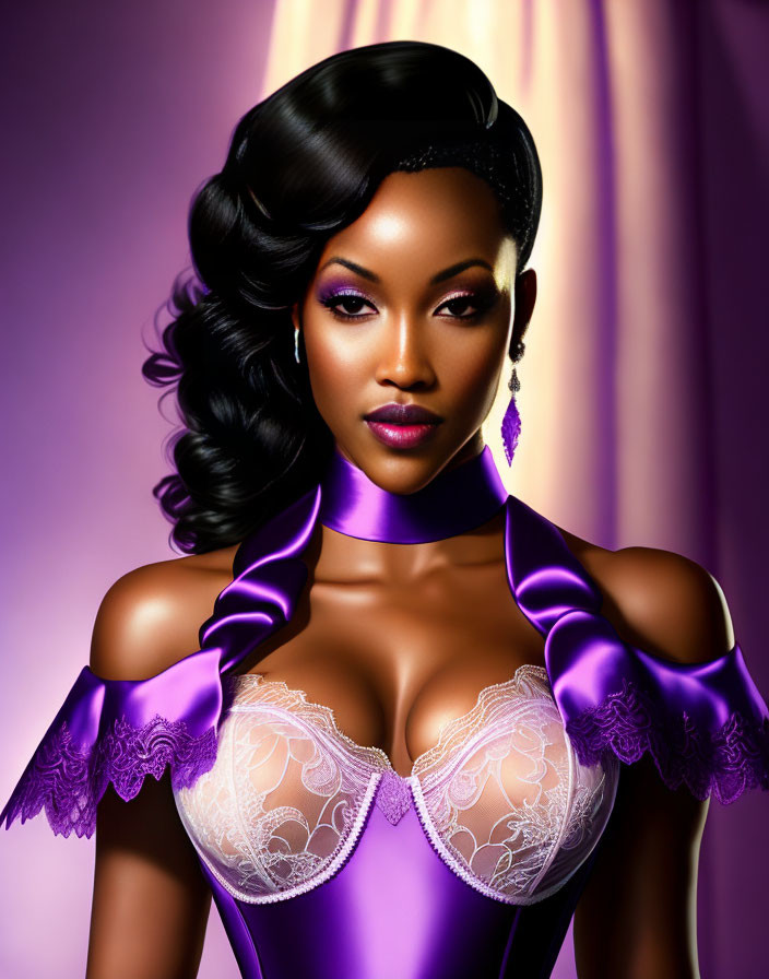 Illustration of Woman with Elegant Wavy Hair in Purple Satin Outfit