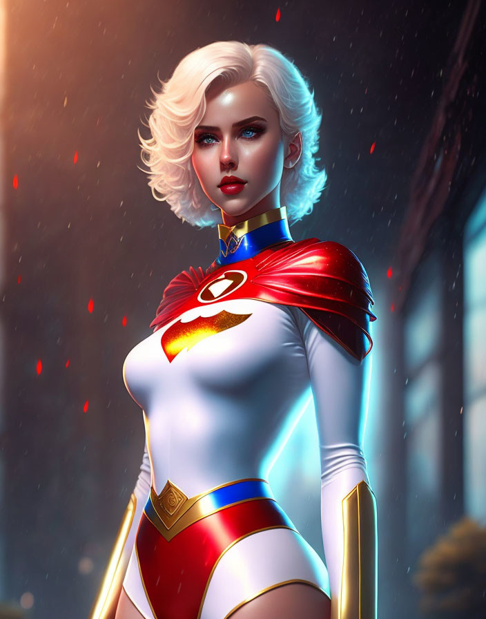 Blonde Superheroine in Red and White Costume on Moody Background