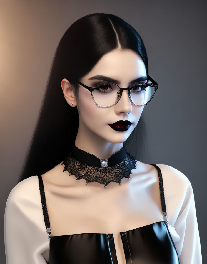 Digital portrait of woman with black hair, round glasses, black lipstick, and gothic choker