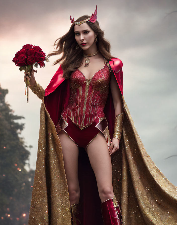 Woman in Red and Gold Costume Holding Roses in Misty Forest
