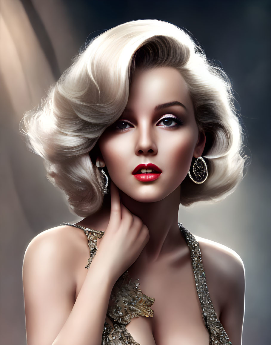 Illustrated portrait of woman with blonde hair, red lipstick, and golden sequined dress