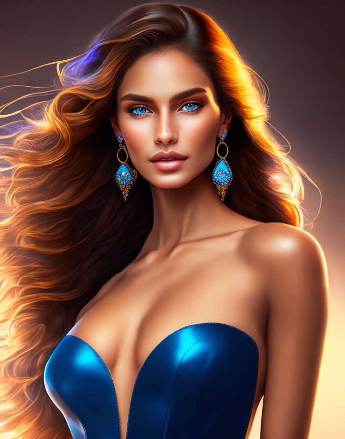 Digital Artwork: Woman with Flowing Hair and Blue Eyes in Blue Attire