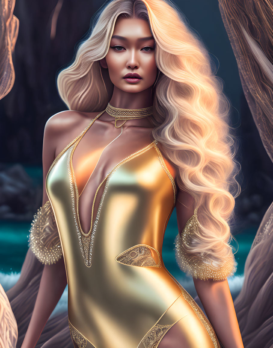 Blonde woman in golden dress in mystical forest