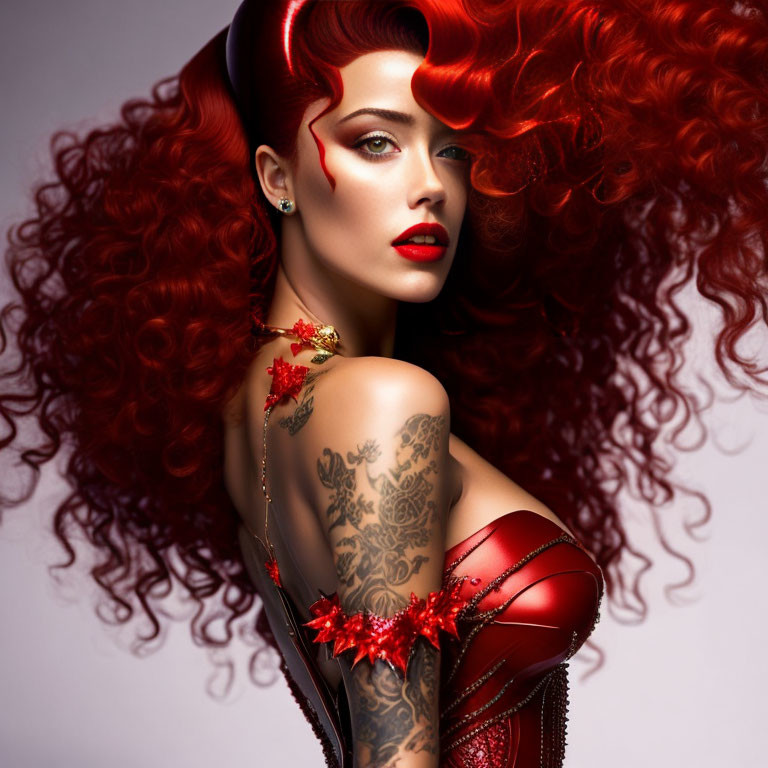 Voluminous red hair, red lipstick, corset, floral motifs, and arm tattoos.