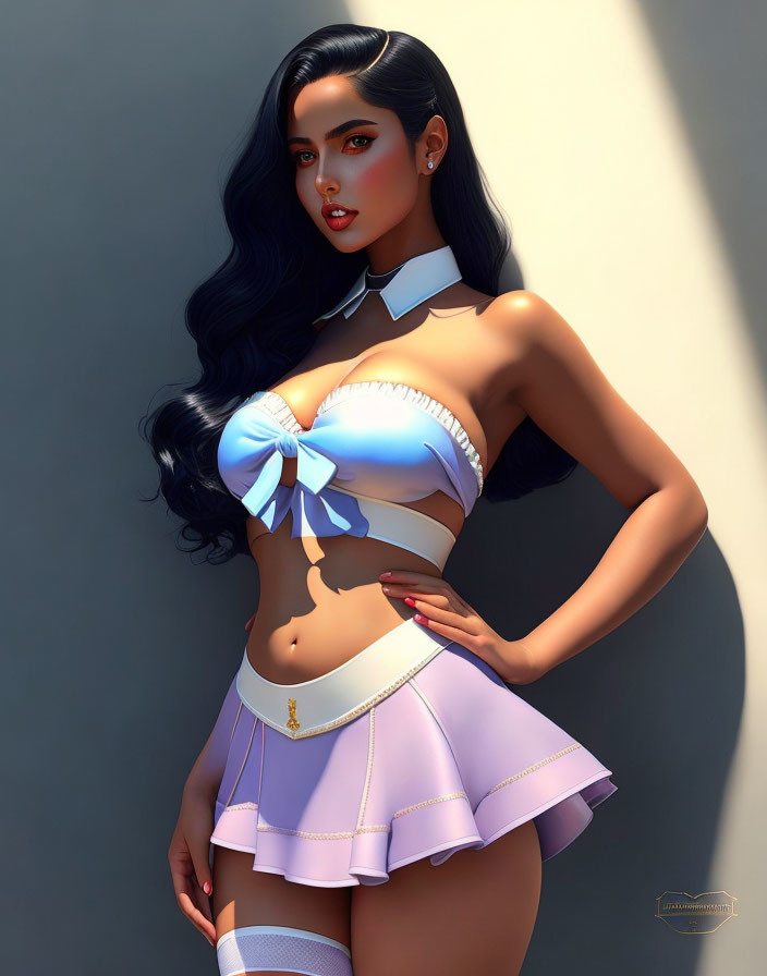 Stylized image of woman with dark hair and bow in light clothing