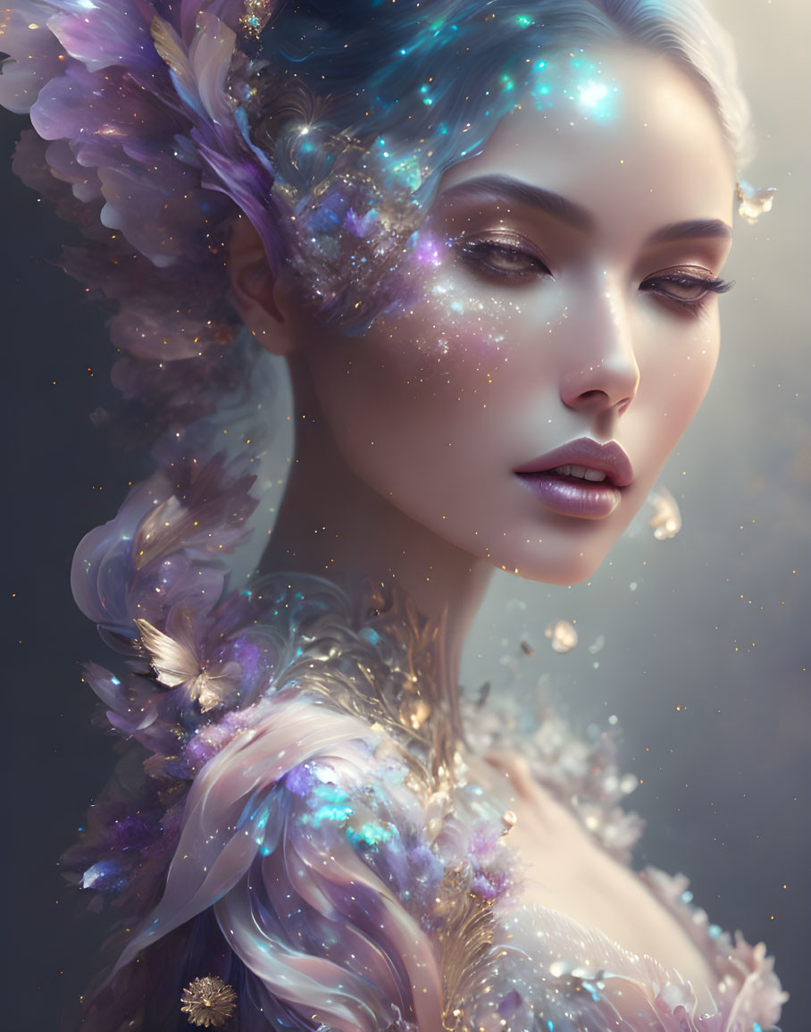 Fantasy woman portrait with cosmic-themed makeup and adornments