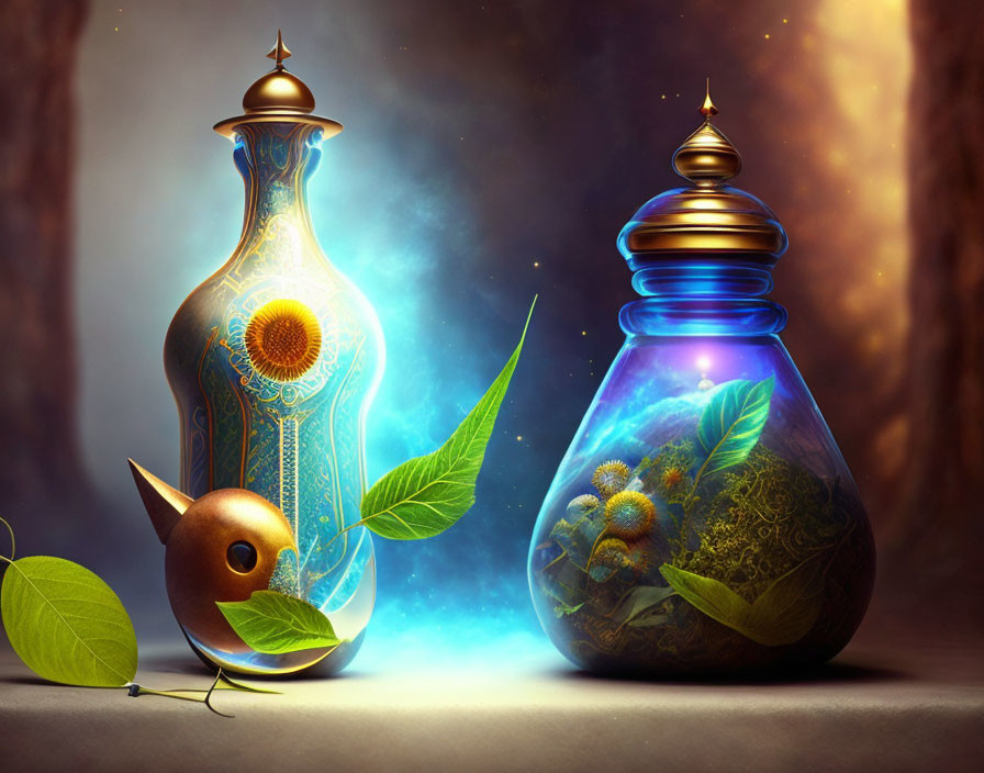 Whimsical digital artwork: Decorated potion bottle, enchanted jar, sprouting seed