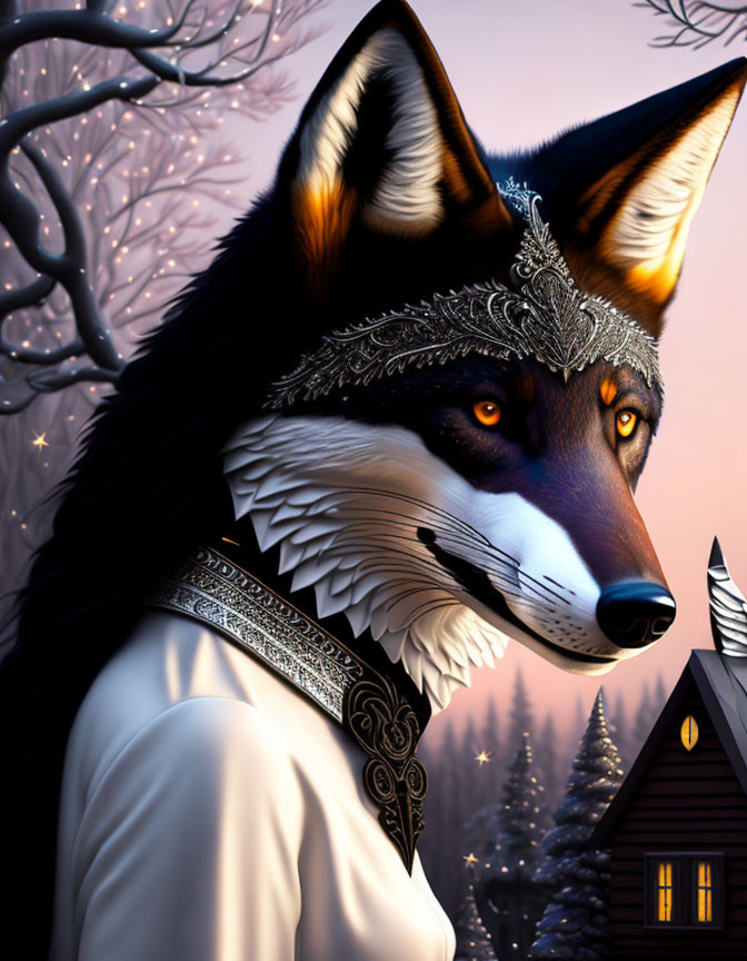 Anthropomorphic wolf with silver headdress in snowy twilight scene