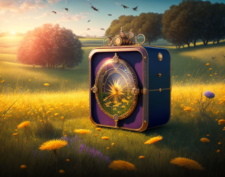 Glowing ornate timepiece in vibrant meadow at sunset