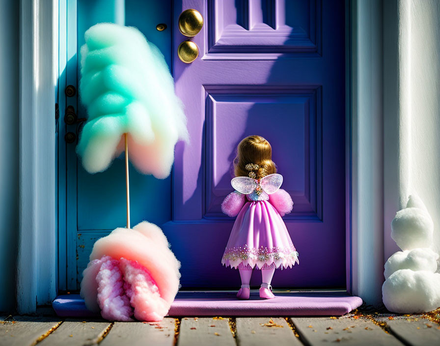 Young girl in fairy costume with cotton candy by purple door