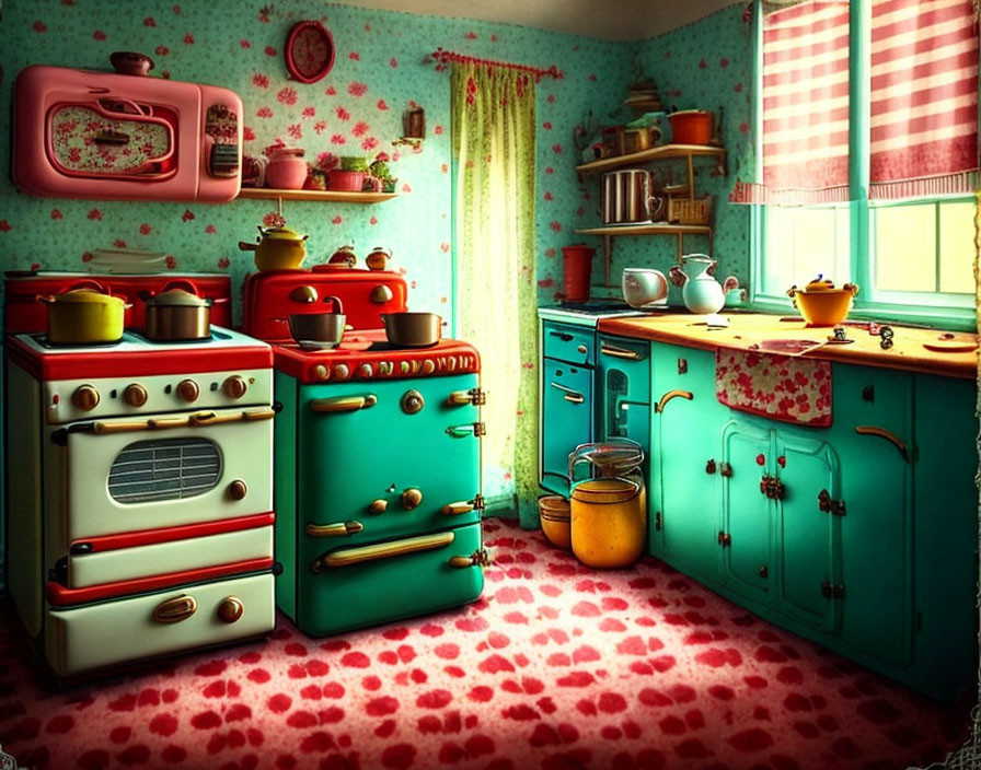 Vintage-style kitchen with teal appliances, red cookware, and floral wallpaper
