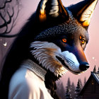 Anthropomorphic wolf with silver headdress in snowy twilight scene