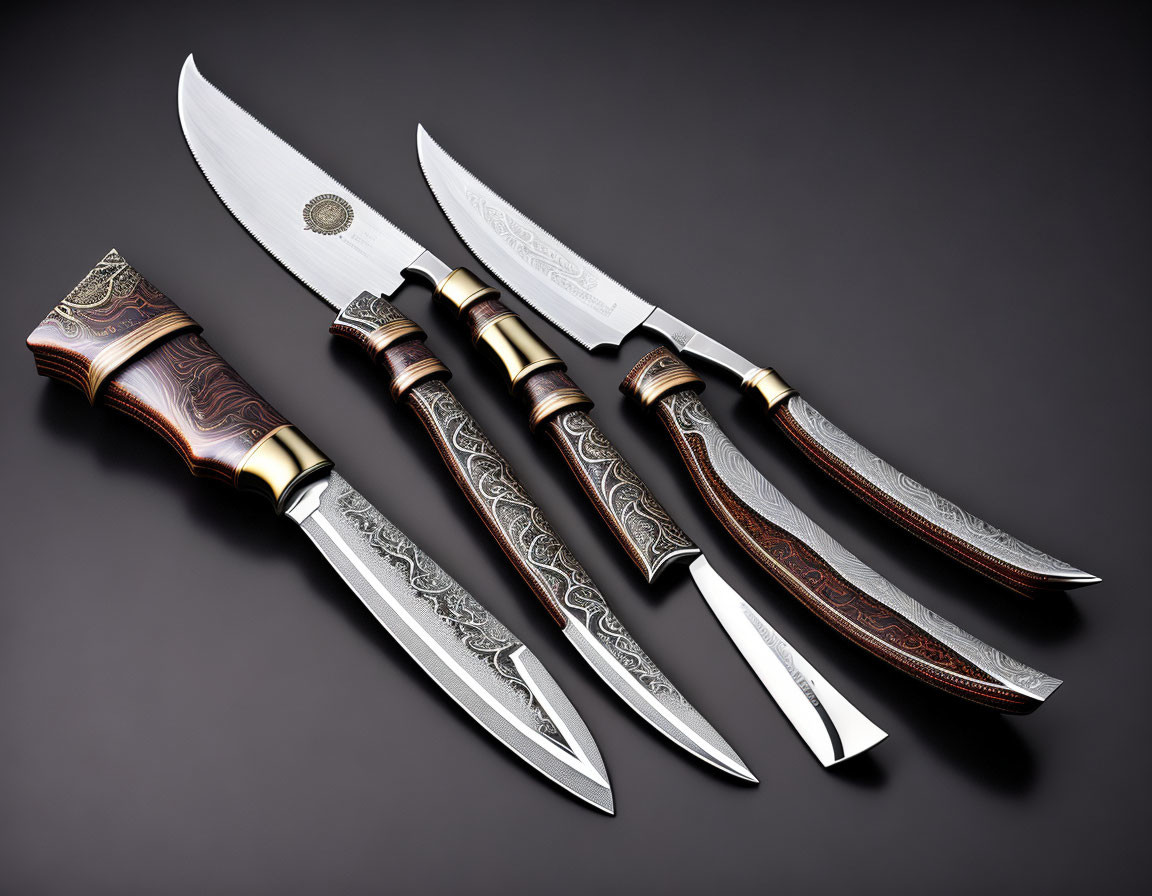 Four ornate knives with patterned blades and decorative handles on dark background