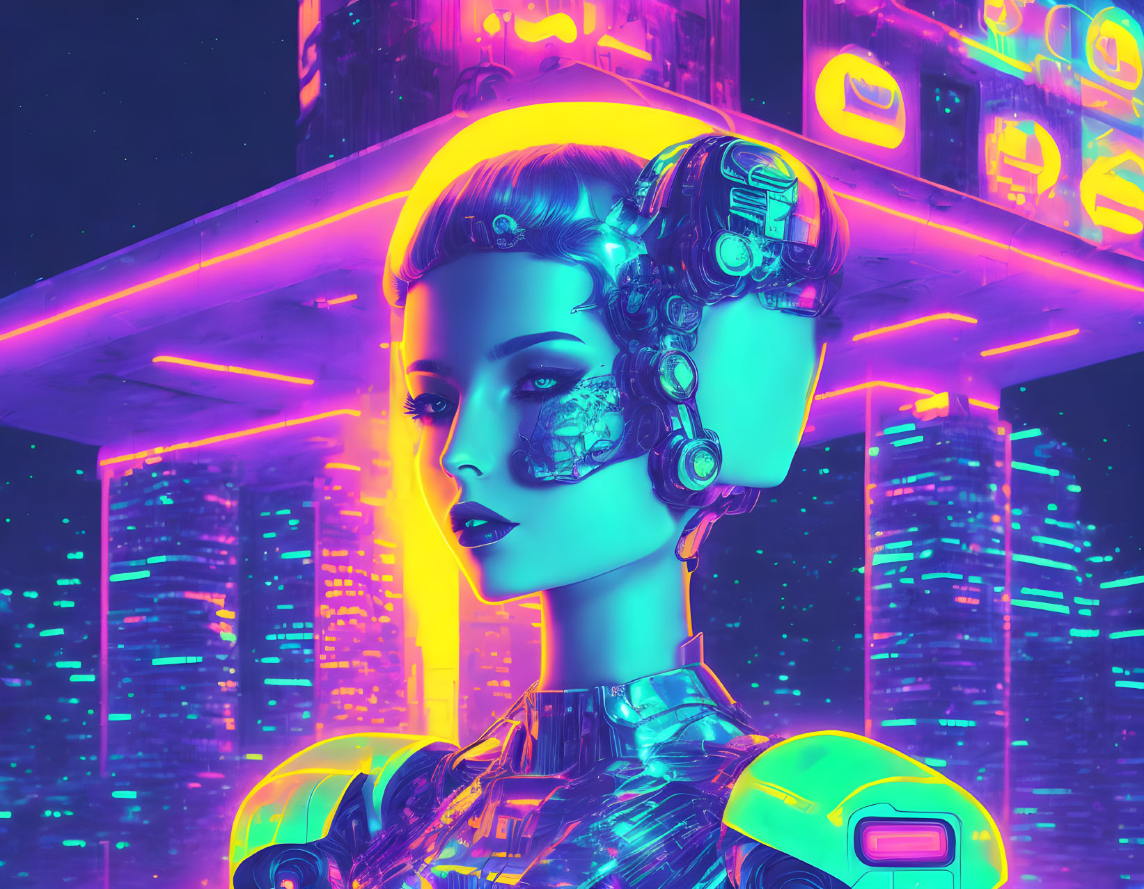 Detailed Headgear on Cybernetic Female Android in Neon Cityscape