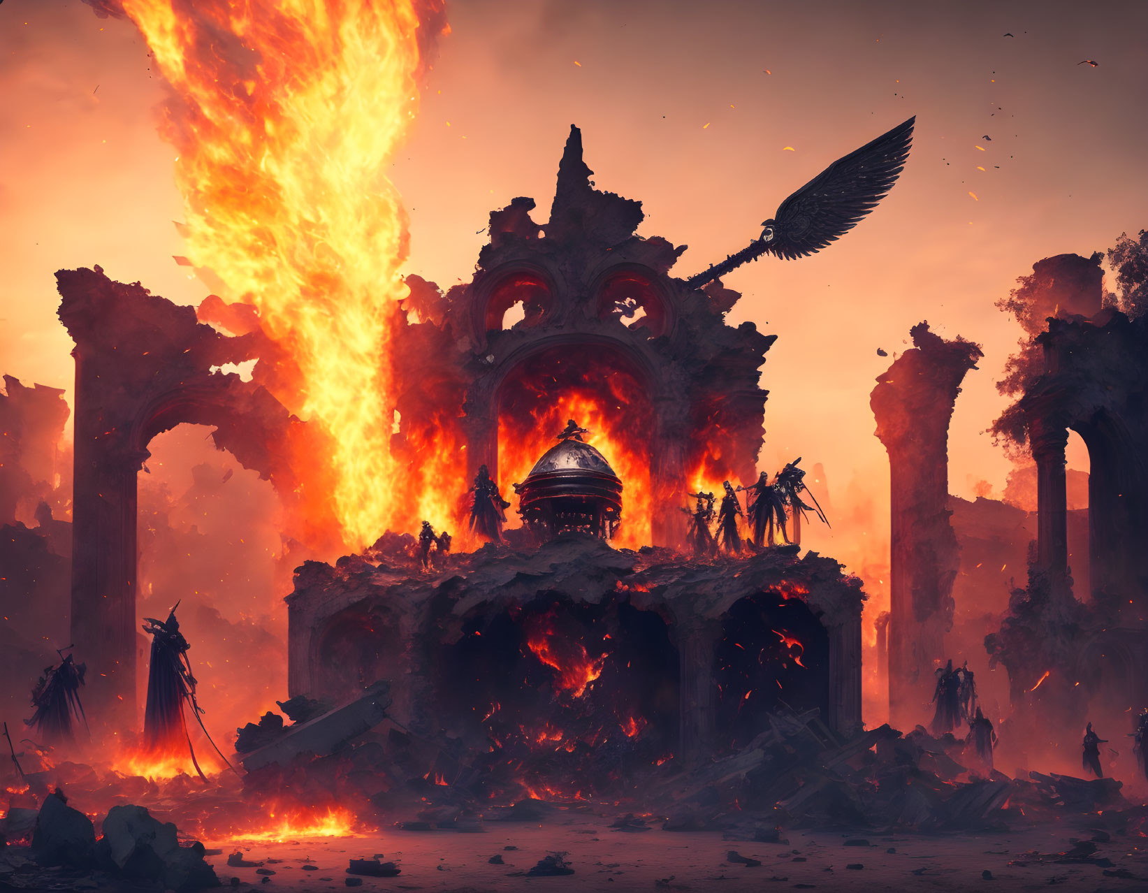 Apocalyptic scene with fiery explosions and crumbling architecture