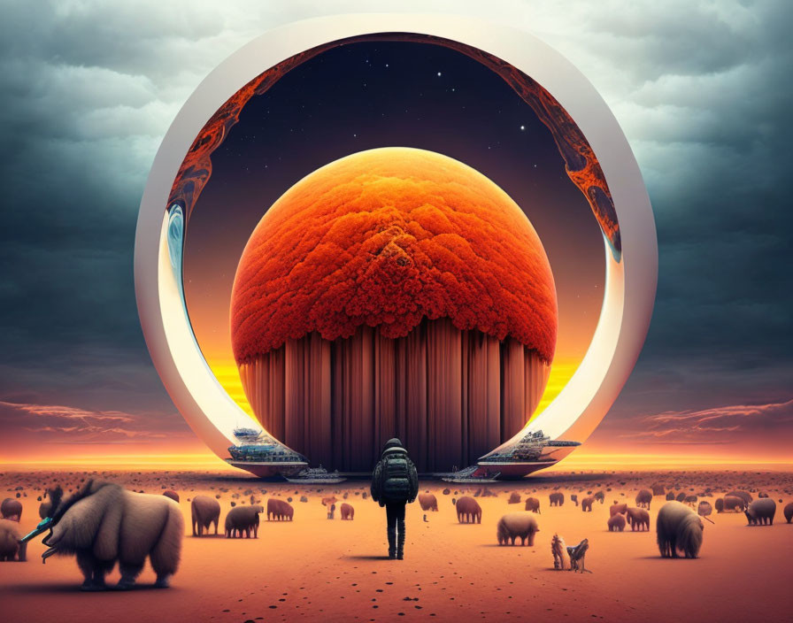 Person in spacesuit near colossal orange tree sphere in surreal landscape