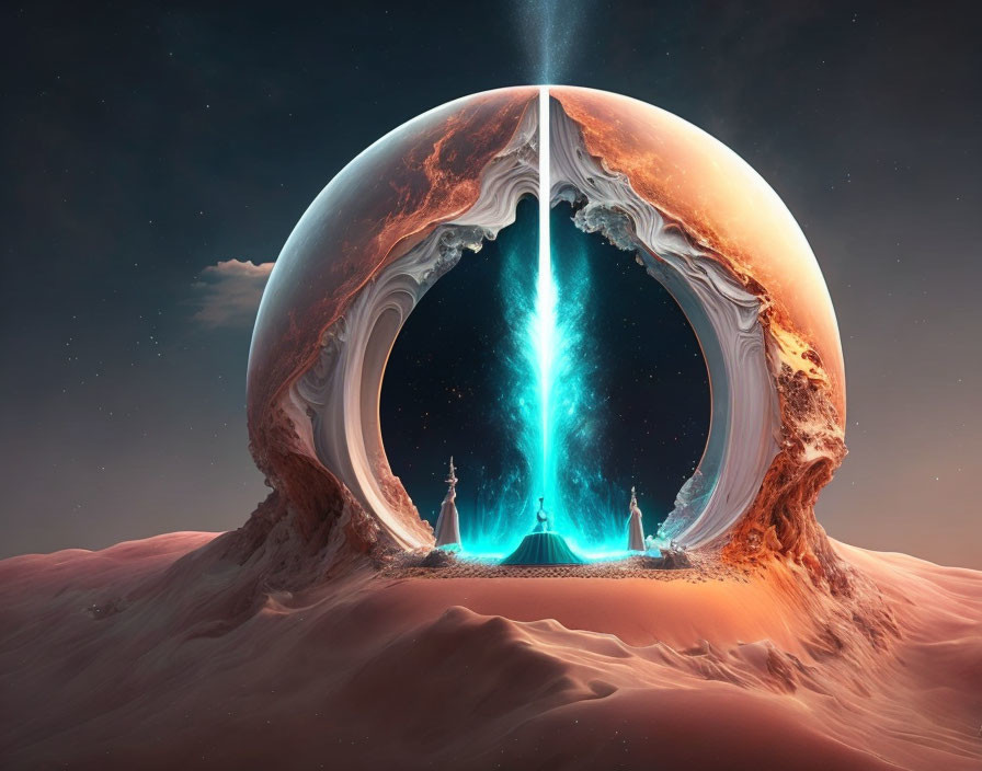 Fantastical glowing portal in split spherical structure on desert terrain
