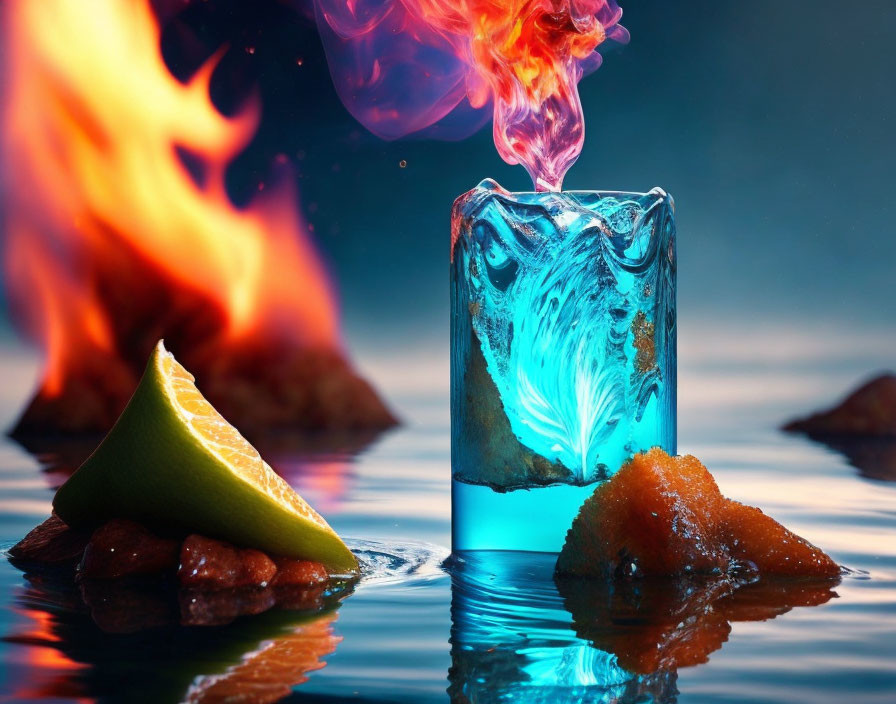 Colorful glass with blue flame, lemon wedge, sugar cubes, and reflections on wet surface