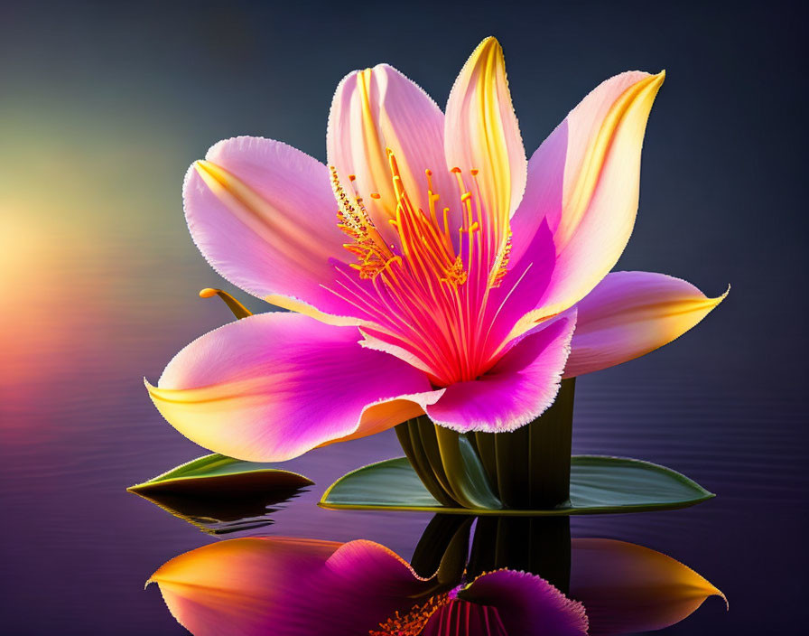 Colorful Pink and Yellow Lily Reflecting on Water with Purple and Orange Background
