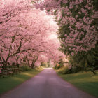 Tranquil pathway with pink cherry blossoms and bench