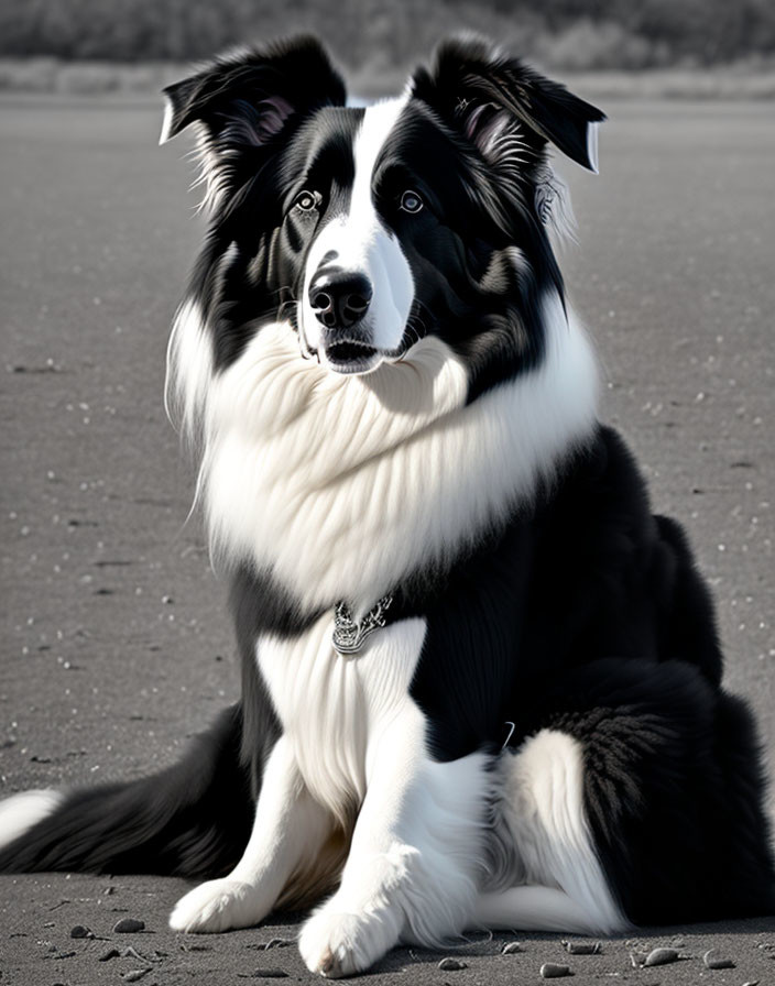 Black and White Border Collie with Paw Print Pendant Sitting on Sand