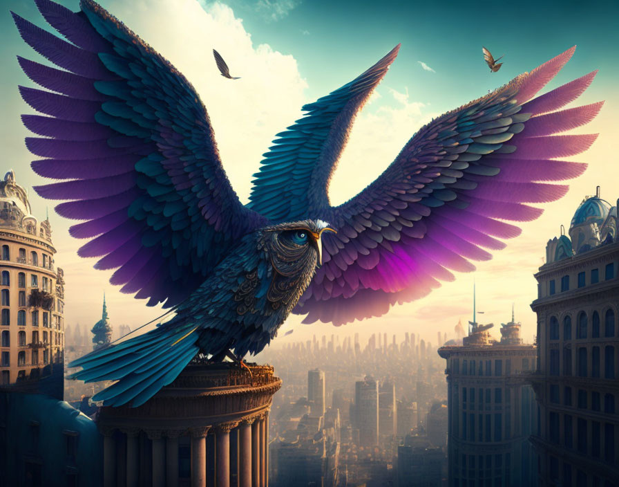Vibrant blue and purple bird with outspread wings over cityscape at sunset