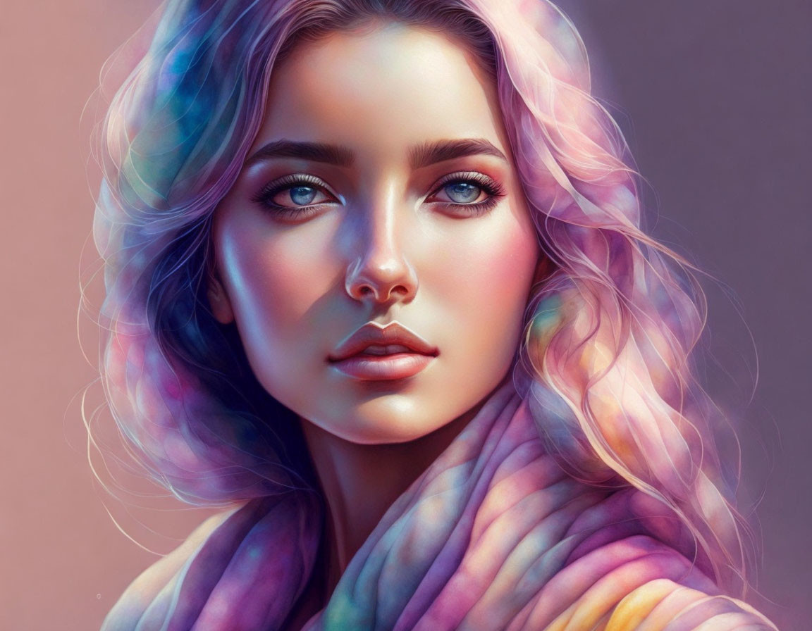 Digital Artwork: Woman with Pastel Hair & Blue Eyes on Purple Background