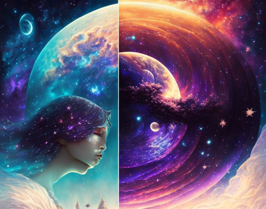 Colorful cosmic artwork: woman's profile with star-streaked hair in space scene