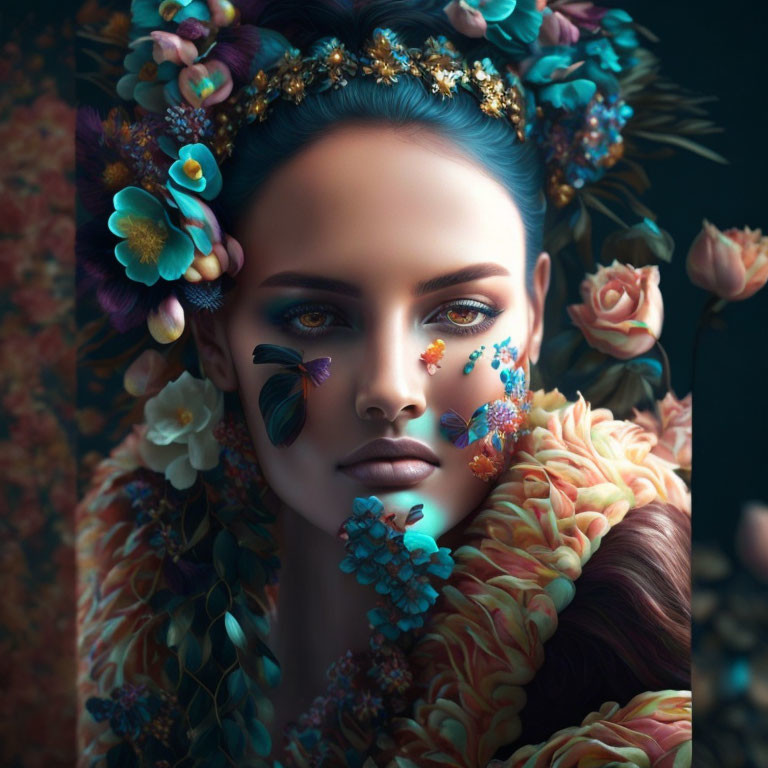 Woman with floral crown and butterfly makeup and blue eyes.