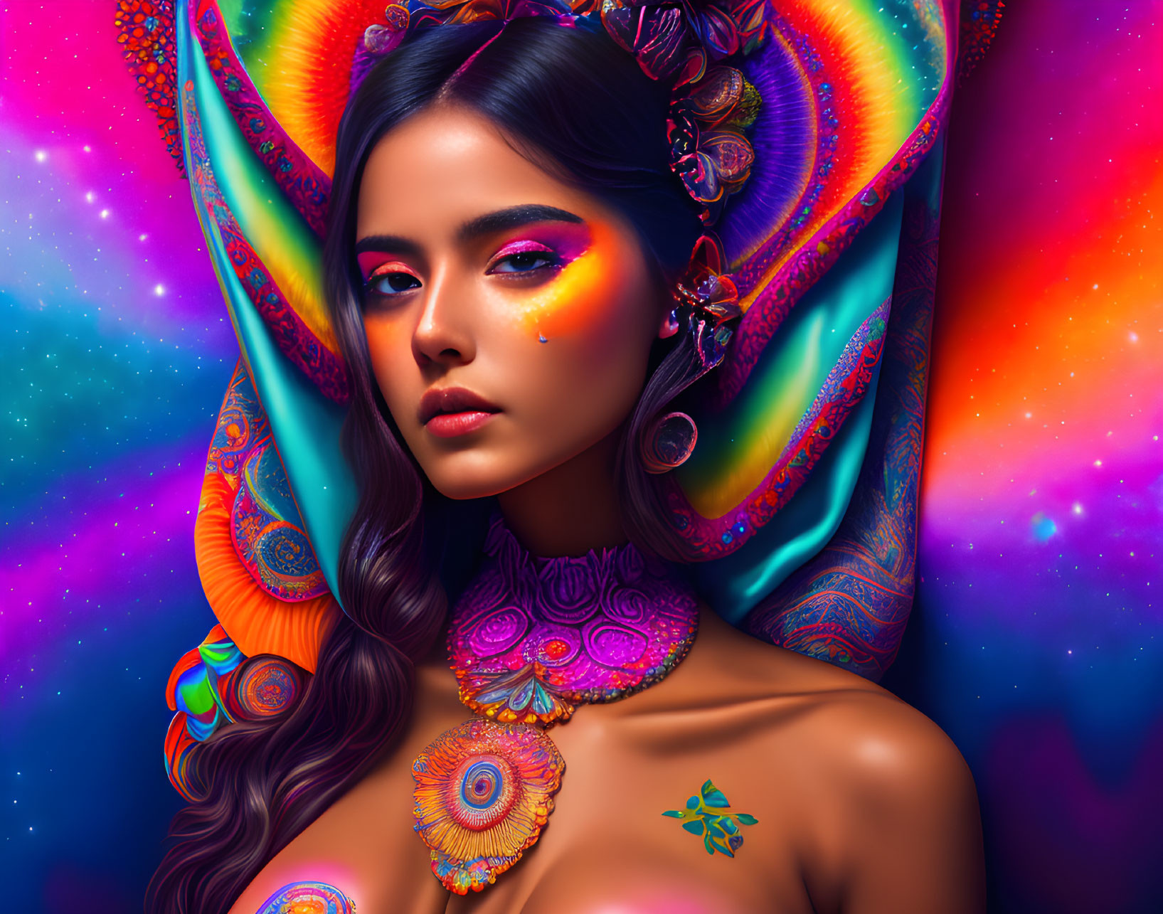 Colorful makeup portrait with cosmic background and intricate accessories