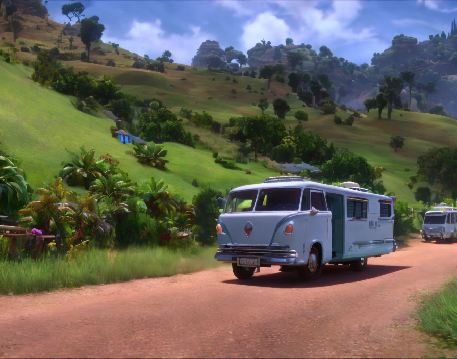Vintage Buses on Dirt Road Amidst Green Hills