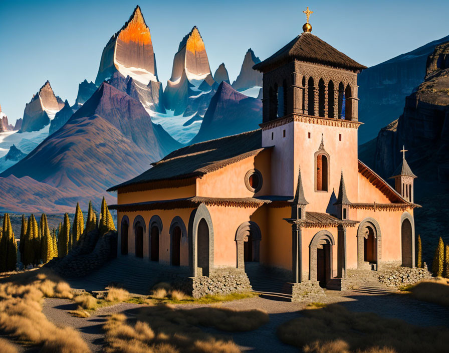 Church with tower and mountain range in serene landscape