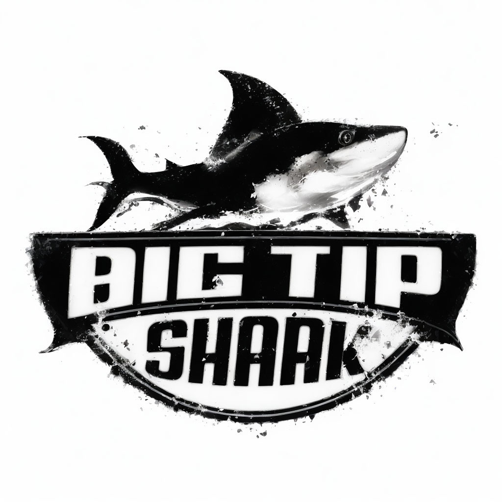 Monochrome shark graphic with "BIG TIP SHARK" in bold text and splash design