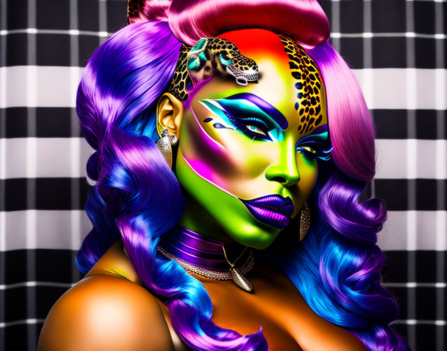 Colorful digital portrait of woman with purple hair and leopard print makeup on checkered background