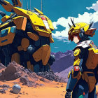 Vibrant mechanized robots in battle on rocky terrain with explosions.